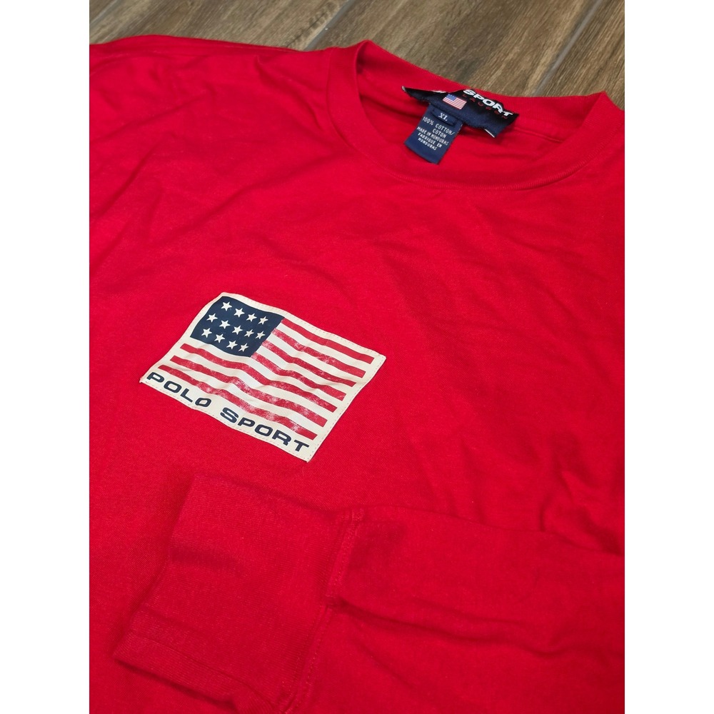 Vtg Polo Sport Ralph Lauren Red Long Sleeve American Flag Graphic Shirt Mens XL